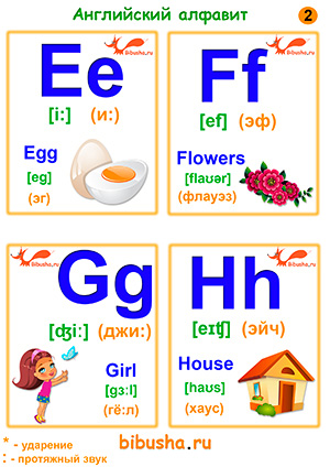 Карточки №2 - Английские буквы Ee (и:), Ff (эф), Gg (джи:), Hh (эйч), слова - Egg (эг), Flowers (флауэз), Girl (гё:л), House (хаус). 