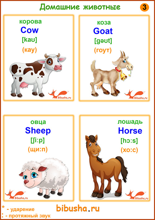 Английские карточки - Cow - Корова, Goat - Коза, Sheep - Овца, Horse - Лошадь