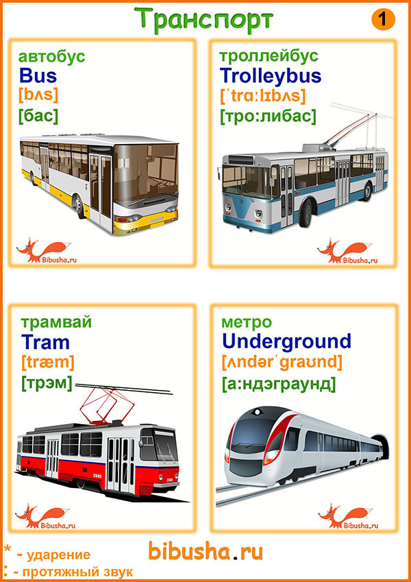 Английские карточки на тему - Транспорт - автобус - bus, троллейбус - trolleybus, трамвай - tram, метро - underground