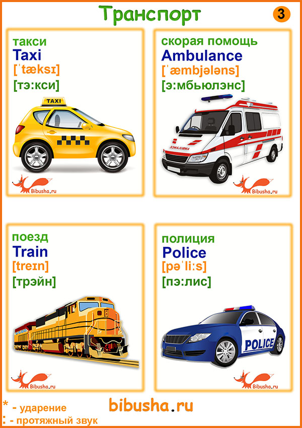 Английские слова в картинках - такси - taxi, скорая помощь - ambulance, поезд - train, полиция - police