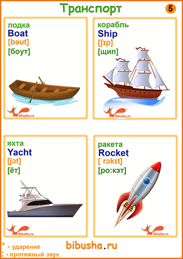 Английские карточки с транскрипциями - лодка - boat, корабль - ship, яхта - yacht, ракета - rocket