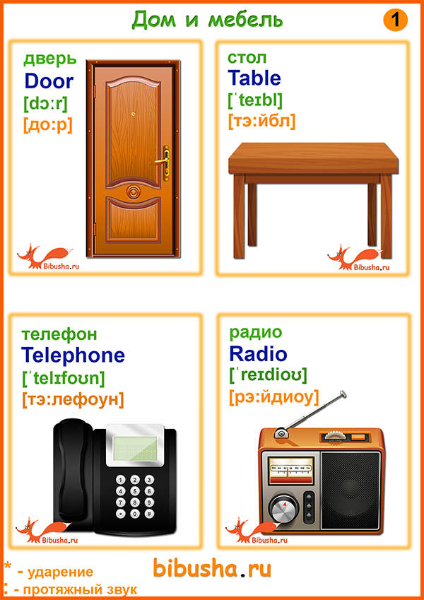 Учим английские слова - Table - Cтол, Door - Дверь, Radio - Радио,Telephone - Телефон