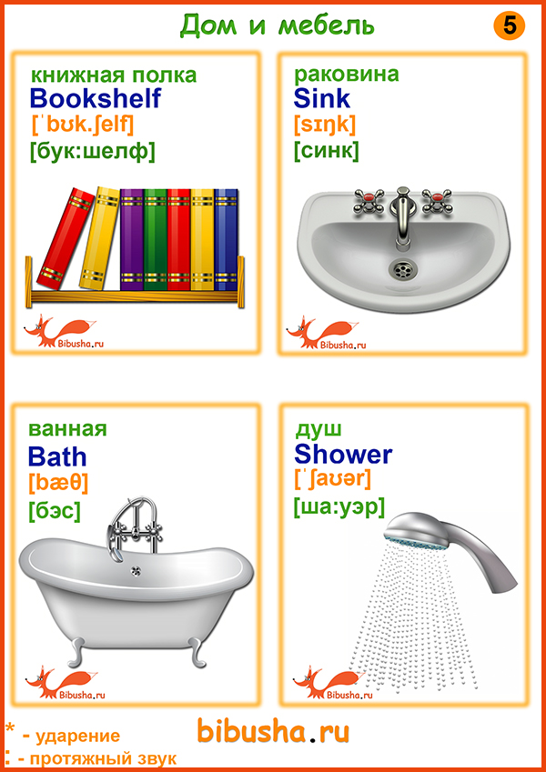 Английские слова-карточки - Sink - Раковина, Bookshelf - Книжная полка, Shower - Душ, Bath - Ванная
