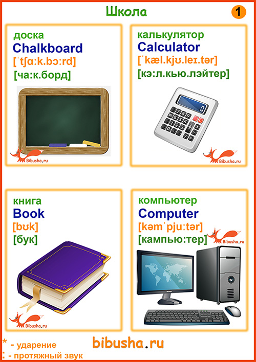 Английские карточки - Computer - Компьютер, Calculator - Калькулятор, Chalkboard - Доска, Book - Книга