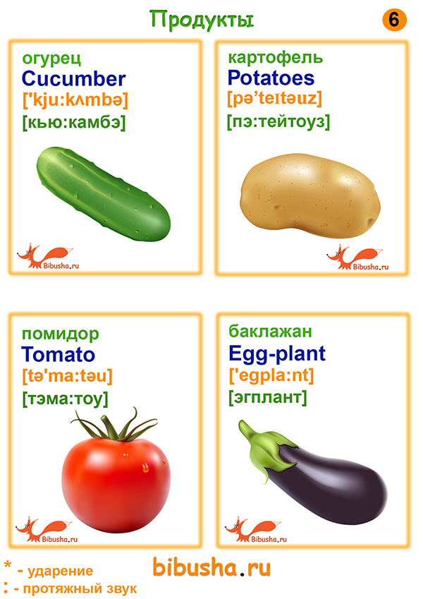 Карточки английских слов - Овощи - Огурец - Cucumber, Картофель - Potatoes, Помидор - Tomato, Баклажан - Egg-plant