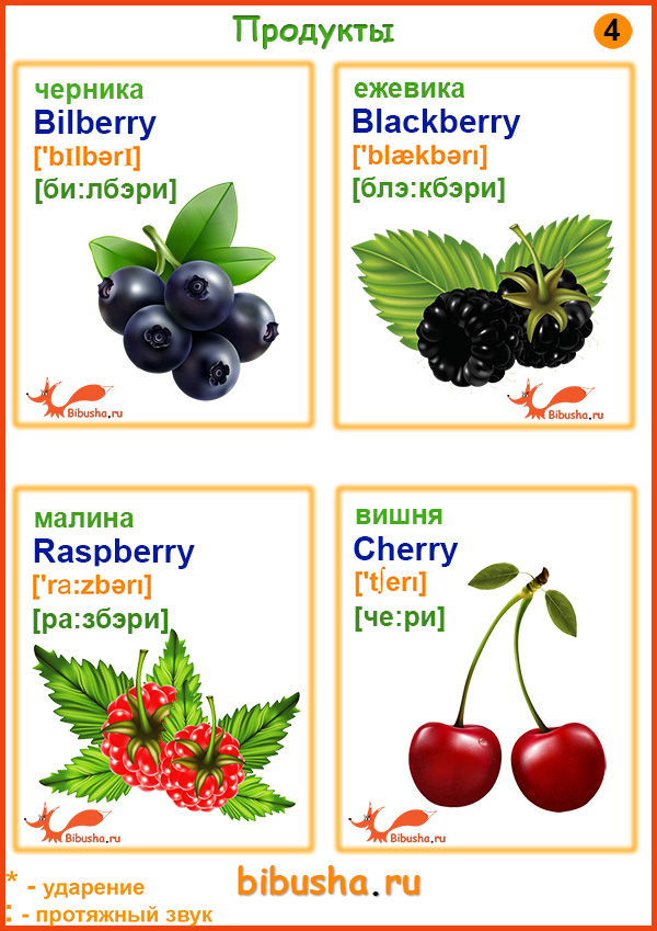 Карточки английских слов - Черника - Bilberry, Ежевика - Blackberry, Малина - Raspberry, Вишня - Cherry