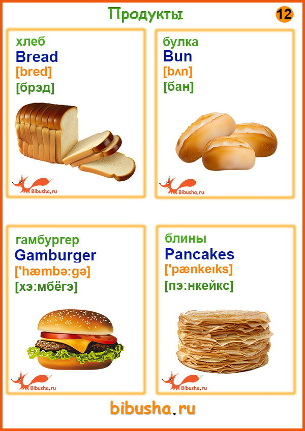 Английские слова - Хлеб - Bread, Булка - Bun, Гамбургер - Gamburger, Блины - Pancakes