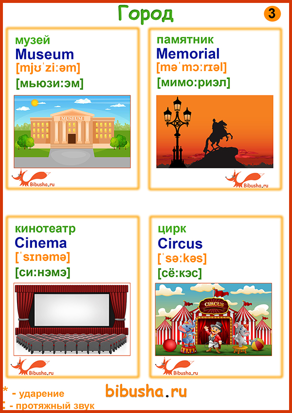Английские карточки - музей - museum, памятник - memorial, кинотеатр - cinema, цирк - circus