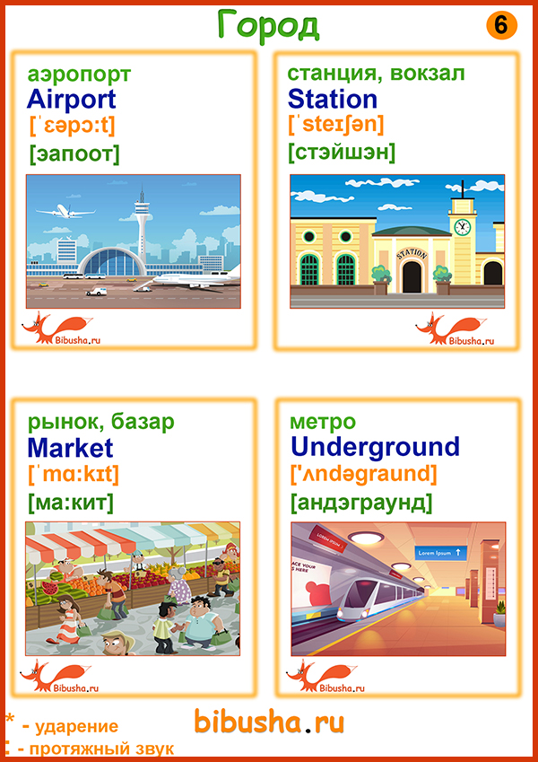 Английские карточки - аэропорт - airport, (станция) вокзал - station, рынок (базар) - market, метро - underground