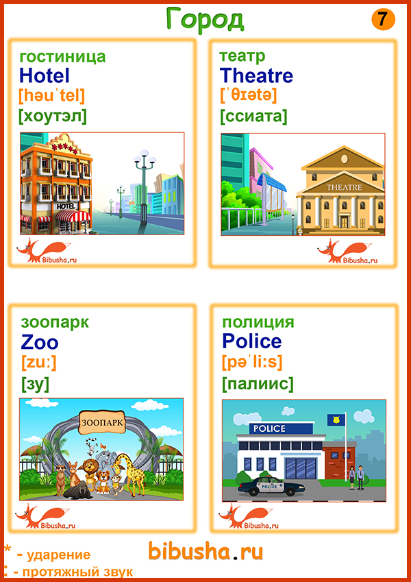 Английские карточки для распечатки на тему: "Город", бланк №7: гостиница - hotel, театр - theater, зоопарк - zoo, полиция - police