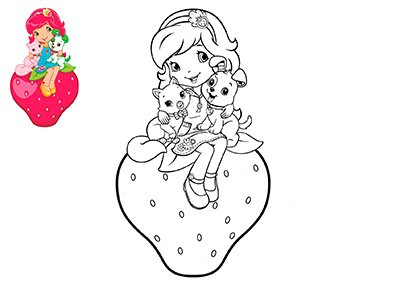 Раскраска - Девочка на земляничке с собачкой и кошкой