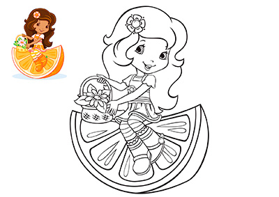 Раскраска - Шарлотта Земляничка сидит на дольке апельсина
