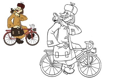 Раскраска по образцу - Почтальон Печкин на велосипеде с Галчонком на плече